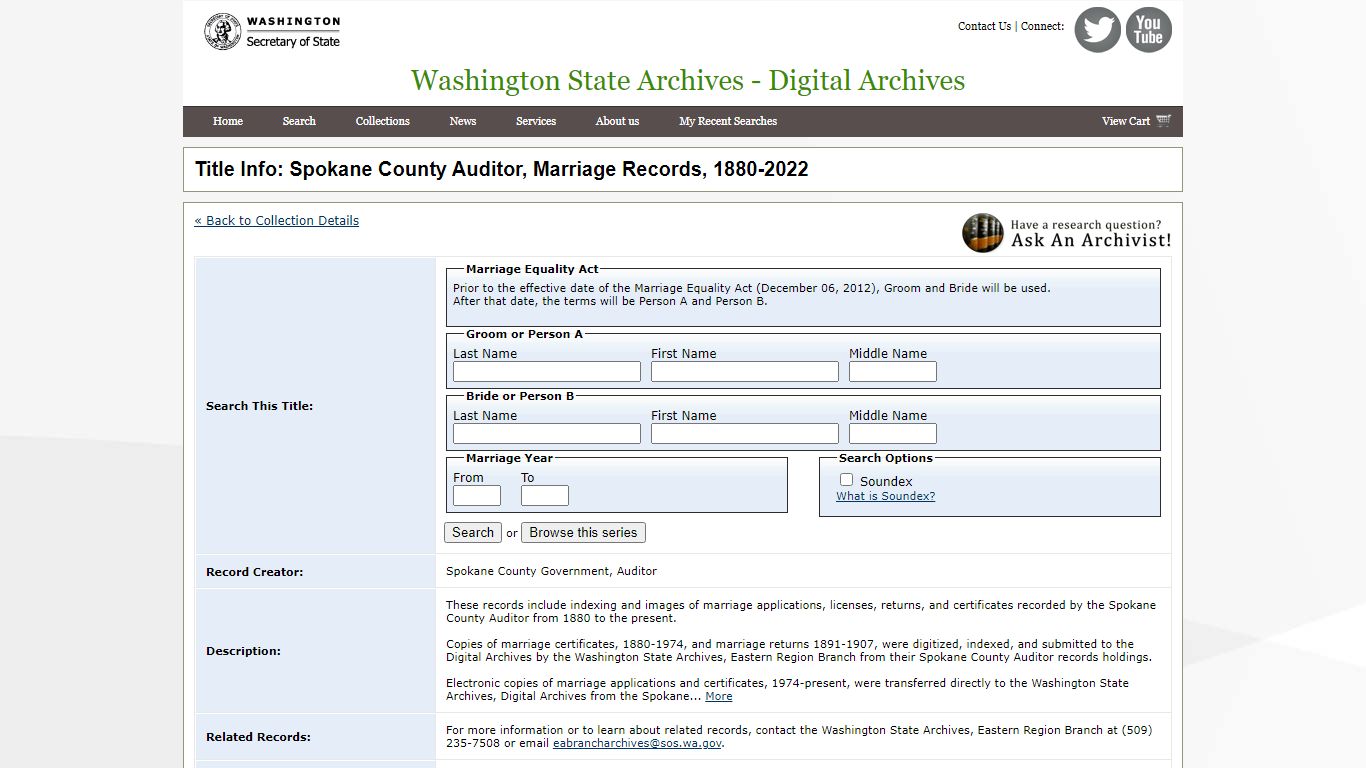 Title Info: Spokane County Auditor, Marriage Records, 1880-Present